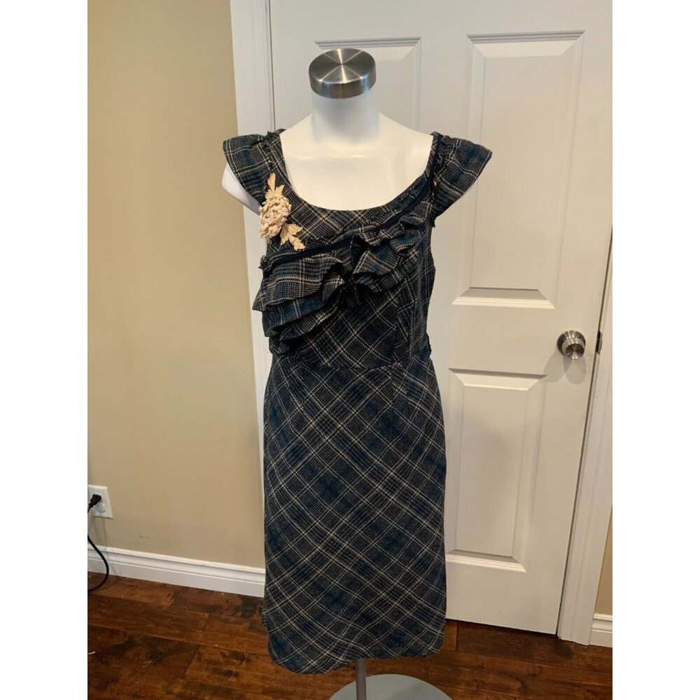 Floreat Anthropologie Gray & Blue Ruffled Plaid Dress W/ Flower, Size 4 (US)